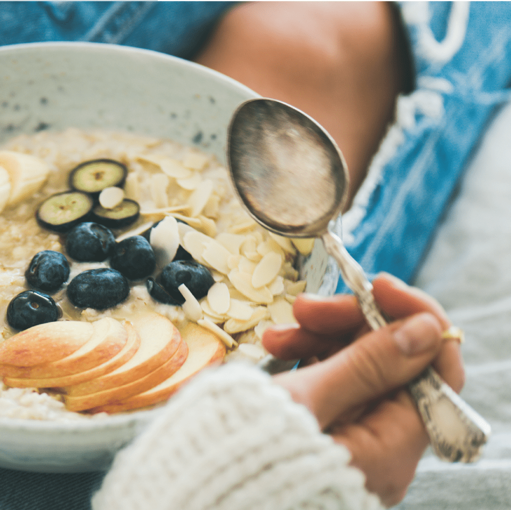 Easy Healthy Breakfast Ideas: Double Protein Oatmeal with almonds, blueberries, figs, and apples