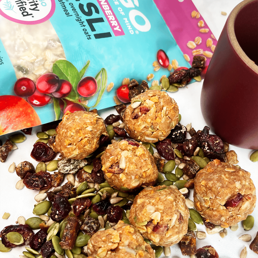 gluten free cranberry muesli protein balls in a pile