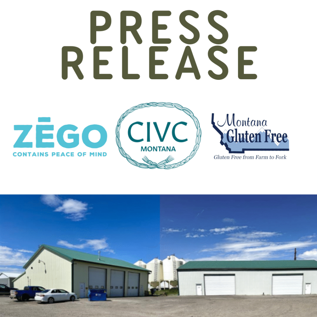 Photos of the Montana Gluten Free facility with logos of CIVC ZEGO and Montana Gluten Free