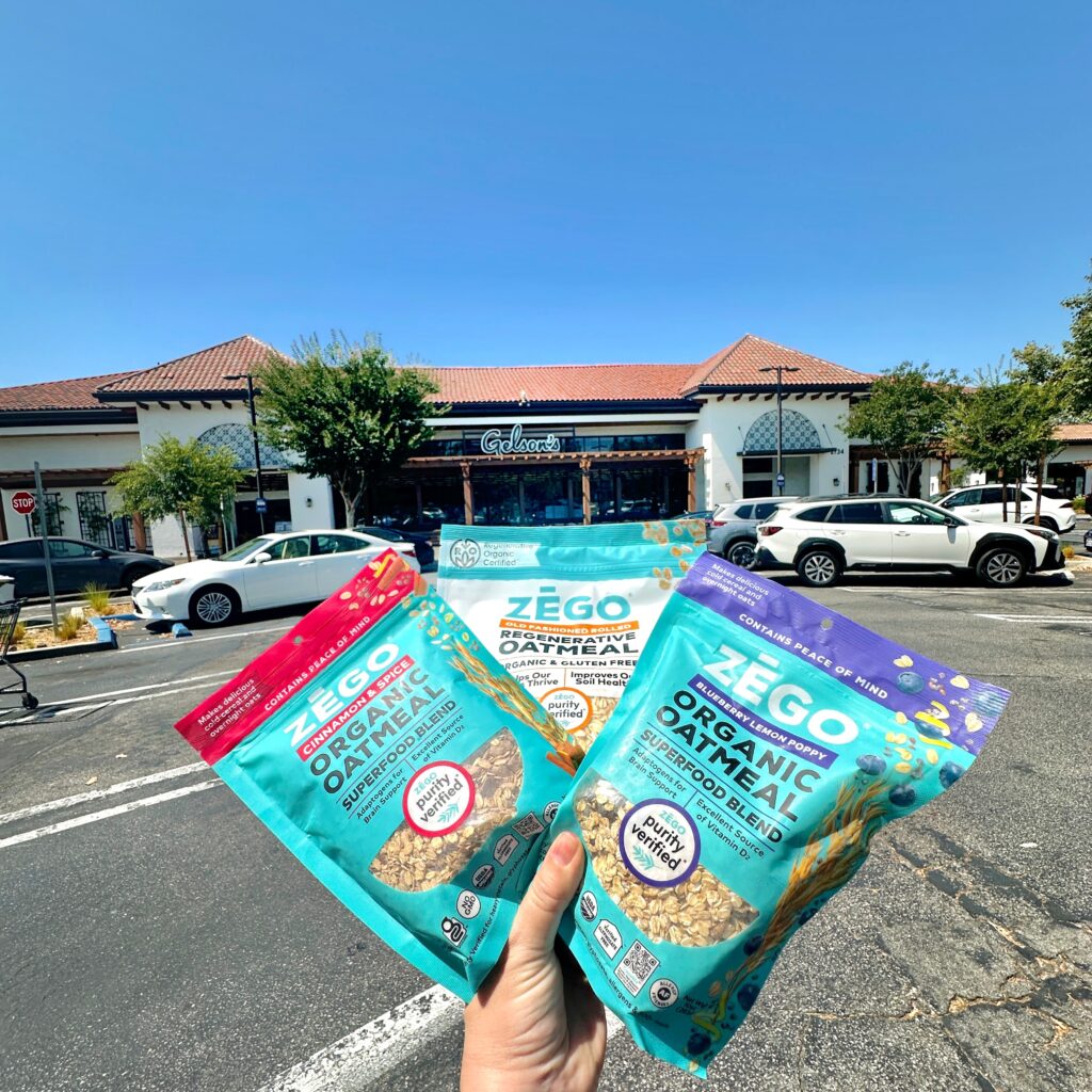 Gelsons ZEGO Launch featuring images of Cinnamon & Spice and Lemon Blueberry Poppy Superfood Oatmeal Blends and Regenerative Organic Oatmeal